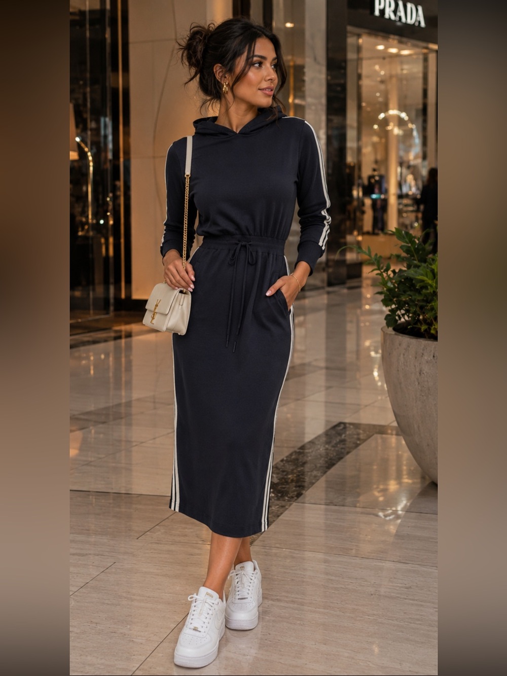 Casual Hooded Midi Dress with Side Stripes blue